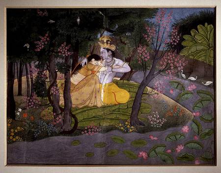 Krishna and Radha embracing in a grove, Kangra, Himachal Pradesh, Pahari School von Indian School