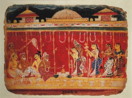 The Marriage of Krishna's Parents, from a dispersed manuscript of the 'Bhagavata Purana' from Mewar, von Indian School