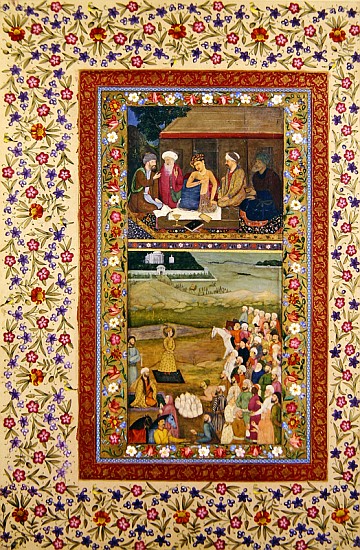 Ms E-14 Young man with his teachers and Payment of tribute to a ruler, miniatures from a Muraqqa alb von Indian School