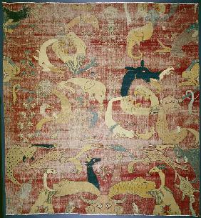 Portion of a carpet with fantastic animals on red ground, Mughal 1580/85