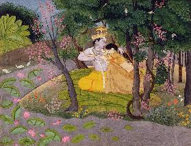 Radha and Krishna embrace in a grove of flowering trees c.1780  on