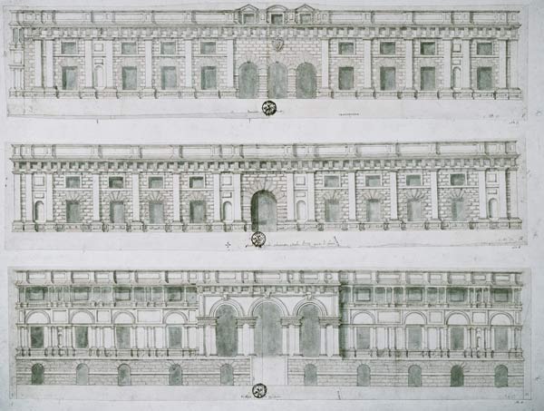 Palazzo del Te, Mantua designed by Giulio Romano, drawing of 3 facades von Ippolito  Andreasi