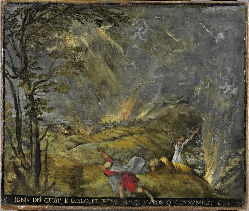 Acht Darstellungen aus dem Leben des Hiob: Das Feuer verzehrt die Herde von Ippolito (genannt Scarsellino) Scarsella