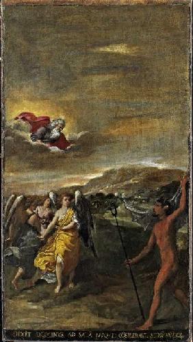 Acht Darstellungen aus dem Leben des Hiob: Gott spricht mit dem Teufel 1614