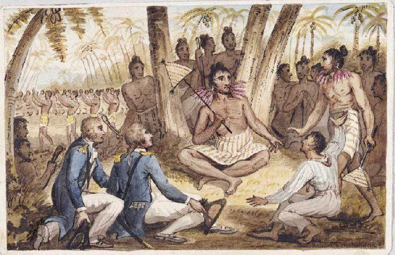 Einer von 13 Drucken aus: Die Reisen des Captain Cook. von Isaac Robert Cruikshank