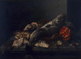 Stilleben mit Fischen und Seemuscheln 1650