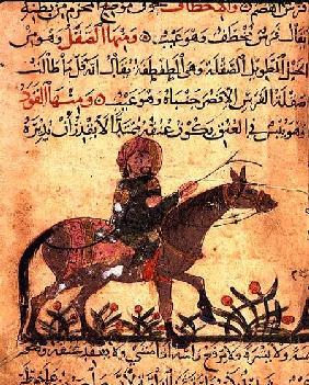 Horse and rider, illustration from the 'Book of Farriery' by Ahmed ibn al-Husayn ibn al-Ahnaf 1210
