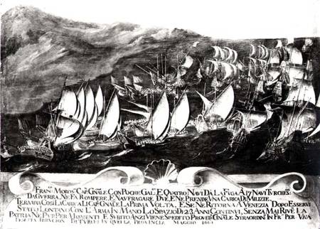 General Francisco Morosini (1618-94) and the Venetian Fleet in an Encounter with the Turkish Fleet o von Scuola pittorica italiana