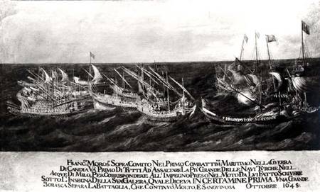A Sea Battle between the Venetian Fleet under General Francesco Morosini (1618-94) against the Turks von Scuola pittorica italiana