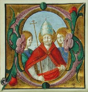 Historiated initial 'S' depicting St. Gregory and two Saints (vellum) 19th