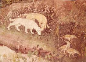 The Month of June, detail of dogs and partridges c.1400
