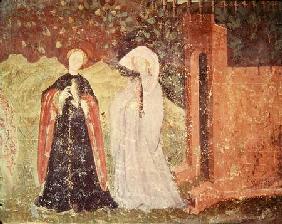 The Month of June, detail of two women going for a walk c.1400