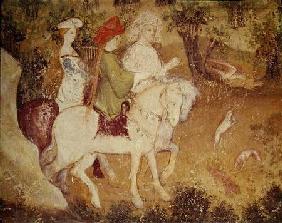 The Month of September, detail of the departure for the hunt c.1400