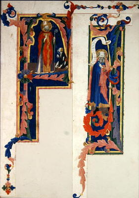 Historiated initial 'F' depicting a bishop saint blessing a young cripple and 'I' depicting a prophe von Italian School, (14th century)