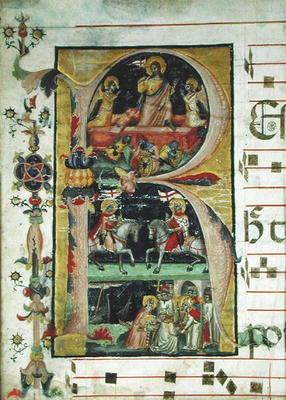 Historiated initial 'R' depicting the resurrection, two knight saints and a bishop saint receiving r von Italian School, (14th century)
