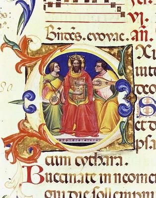 Ms. 559 f.155v Historiated initial 'O' depicting King David and two angels, from the Psalter of Sant von Italian School, (14th century)