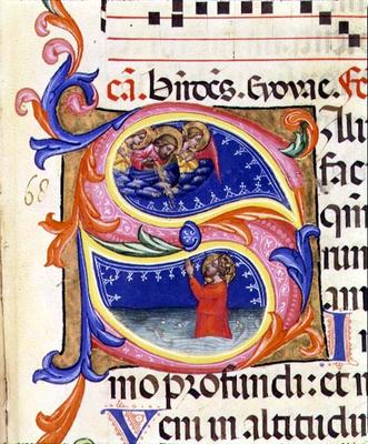 P 68 V Historiated initial 'S' depicting a male saint in water praying to angels above, Italian, 14t von Italian School, (14th century)
