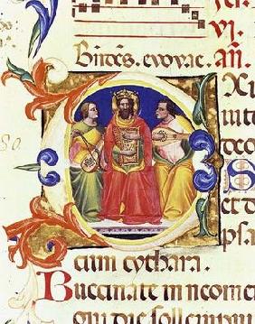 Ms. 559 f.155v Historiated initial 'O' depicting King David and two angels, from the Psalter of Sant 1876