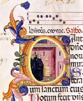 Ms 559 f.176f Historiated initial 'C' depicting monks looking at a text, from the Psalter of Santa M 1876