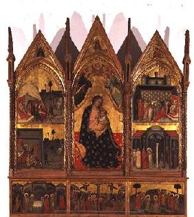 Triptych: Madonna and Child Enthroned flanked by scenes from the life of St. Bartholomew with a pred 1876