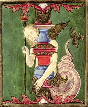 Historiated initial 'I' depicting a Winged Mermaid (vellum) 19th