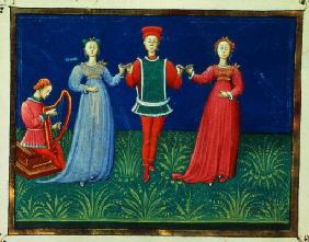 It 973 f.21v A Gentleman dancing with two Ladies, from 'Trattato dell'Arte del Ballare' (vellum) 19th