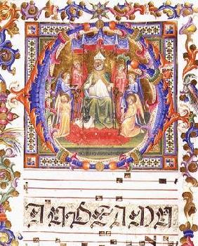 Ms 557 f.35v Historiated initial 'O' depicting Aegidius (St. Giles) (d.c.700) enthroned surrounded b 1833