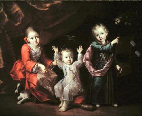 Three Children in an Interior Surrounded by their Pets, c.1680 (oil on canvas) 1725