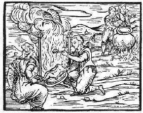 Witches roasting and boiling infants, copy of an illustration from 'Compendium Maleticarum' by Fr M 19th