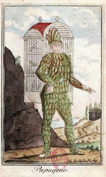 Papageno the bird-catcher, from 'The Magic Flute' by Wolfgang Amadeus Mozart (1756-91), (coloured en von Italian School, (18th century)