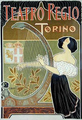 Reproduction of a poster advertising the 'Theatre Royal', Turin (colour litho) von Italian School, (19th century)