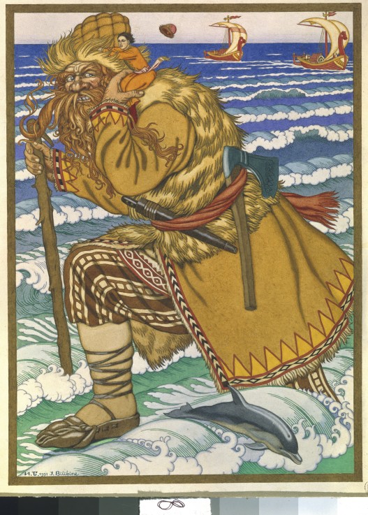 Der Riese trägt Iwan den Kaufmannssohn über das Meer von Ivan Jakovlevich Bilibin