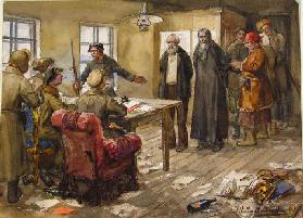 Ein Gutsbesitzer und ein Priester werden vom Revolutionstribunal zum Tode verurteilt (Aus der Aquare 1919