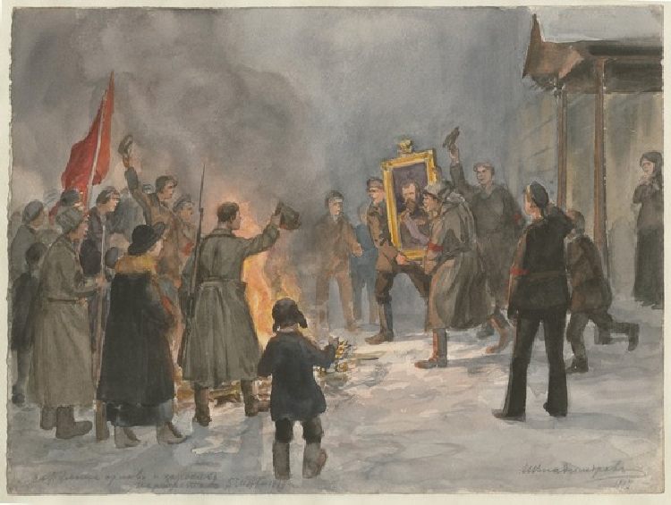 Soldaten verbrennen Gemälde (Aus der Aquarellserie Russische Revolution) von Iwan Alexejewitsch Wladimirow
