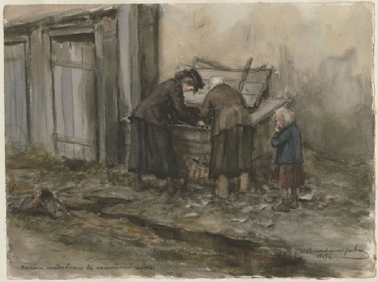 Zwei Frauen und Kind, die in den Mülltonnen nach Essbarem suchen (Aus der Aquarellserie Russische Re von Iwan Alexejewitsch Wladimirow