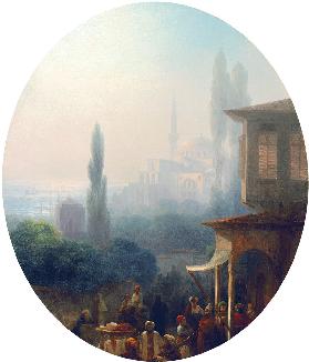 Marktszene in Konstantinopel mit der Hagia Sophia im Hintergrund 1860