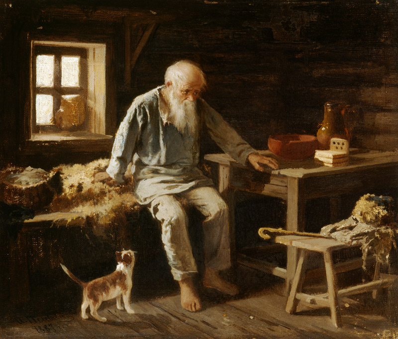 Alter Mann mit seiner Katze von Iwan Andrejewitsch Pelewin