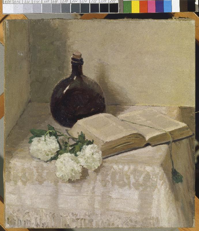 Stillleben mit Buch, Weinflasche und Blumen. von Johannes Hansch