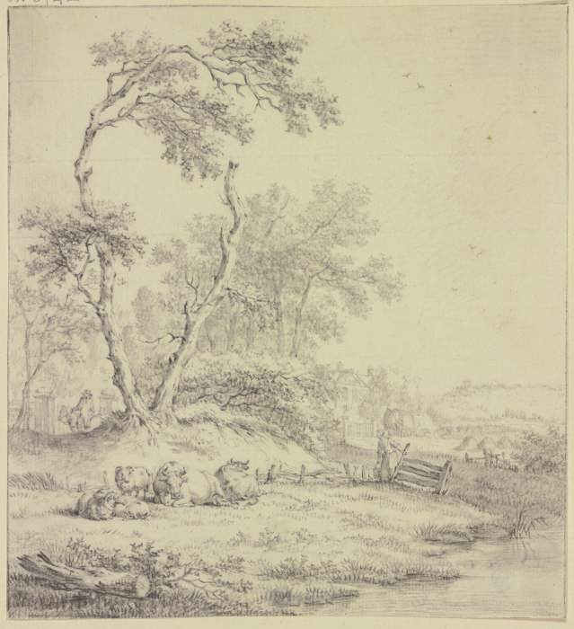 Bei einer Baumgruppe an einem Zaun liegendes Vieh, rechts eine Frau mit einem Eimer von Jacob Cats