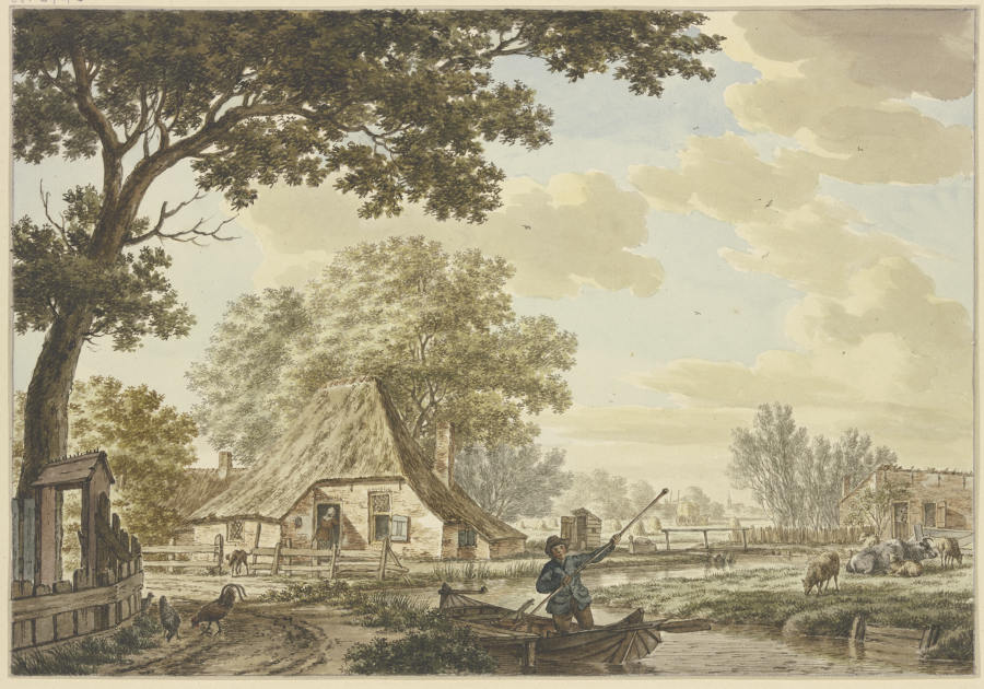 Enger Kanal bei einem Dorf, darauf ein Mann in einem Kahn, rechts Vieh, links Hühner von Jacob Cats