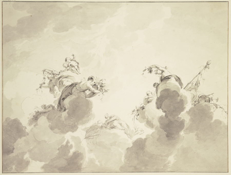 Bacchus, Ceres und Flora mit Gefolge in Wolken schwebend von Jacob de Wit