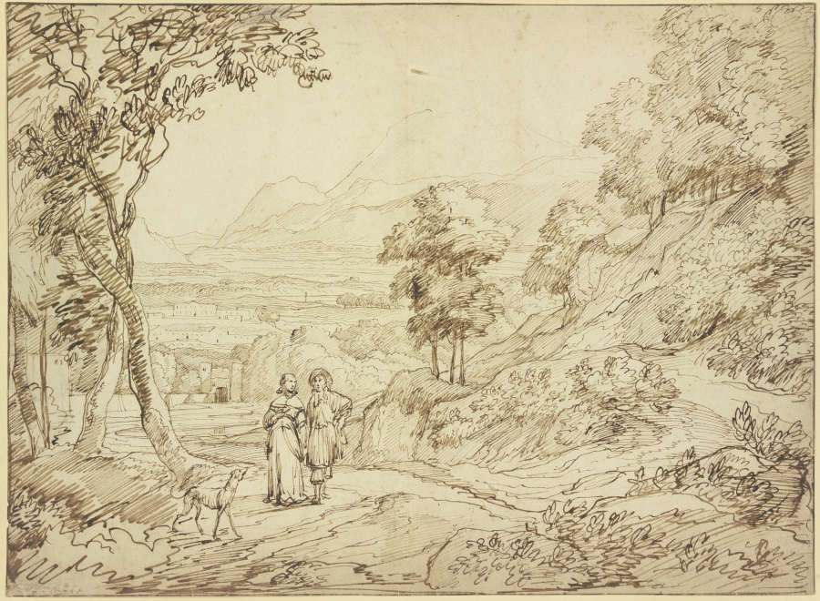 Landschaft, auf dem Weg ein Herr und eine Dame mit einem Windhund von Jacob Esselens