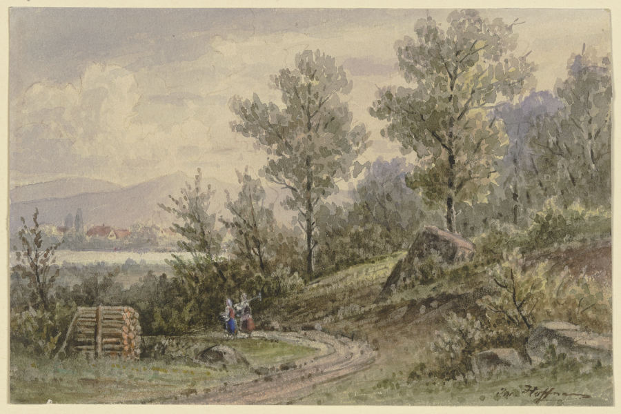 Blick vom Wald auf ein Dorf und Berge von Jacob Hoffmann