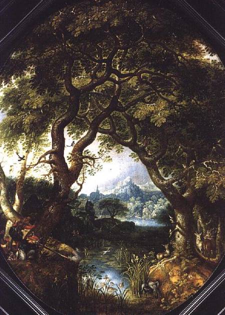 A Wooded Landscape with Hunters by a Stream von Jacob I Savery