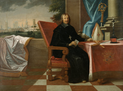 Sitzbildnis des Fürstbischofs Christoph Bernhard von Galen mit Herrschaftsattributen, im Hintergrund von Jacob Quinchard