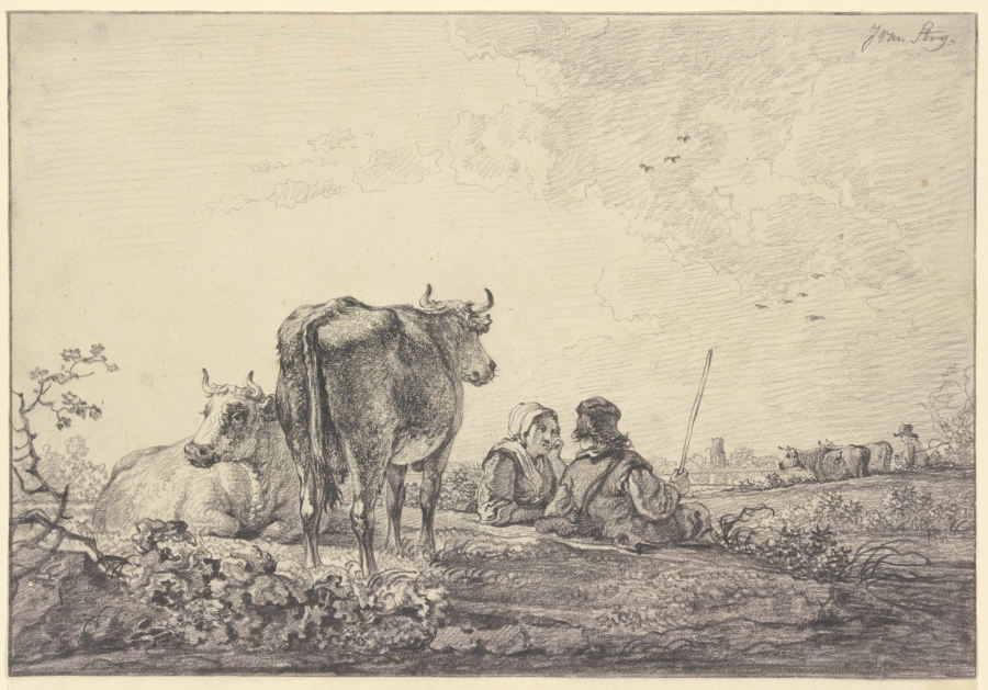 Hirtenpaar auf einer Weide bei der Rinderherde lagernd von Jacob van Strij