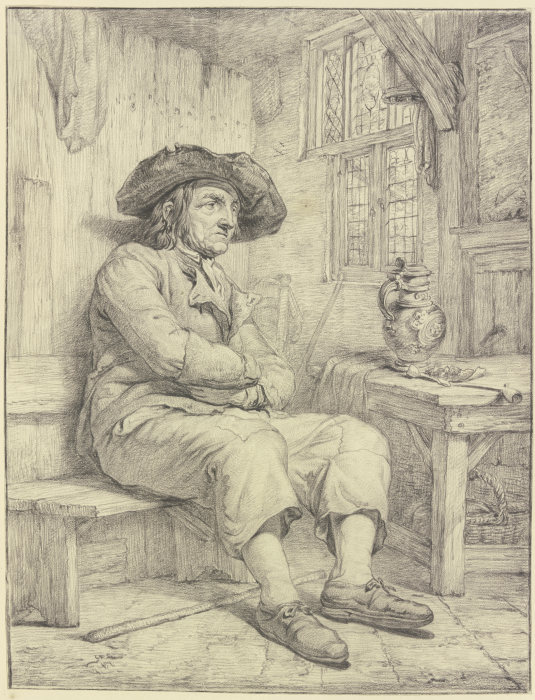 Mann an einem Tisch mit Krug und Pfeife sitzend von Jacob van Strij
