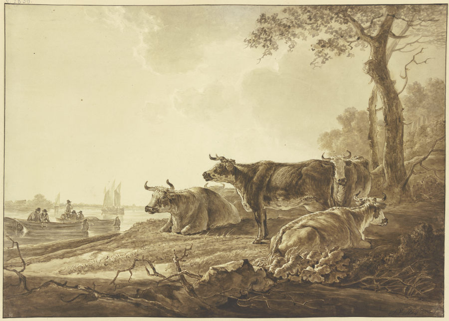 Rinderherde an einem Flußufer von Jacob van Strij