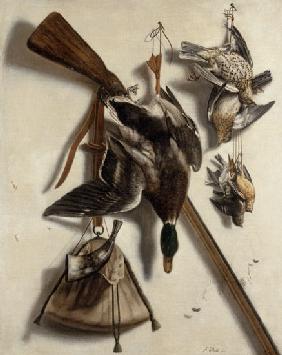 Stilleben mit Jagdgewehr und Stockentenerpel 1670