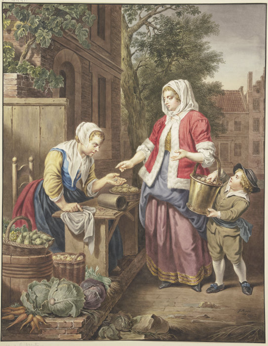 Eine Dame mit einem Knaben kauft Äpfel ein von Jacobus Buys